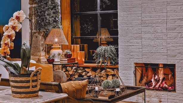 Una sala de estar acogedora con chimenea, un ventanal grande y varios objetos decorativos como una lámpara, libros y plantas.