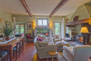 Smart TV, fireplace, books, music library