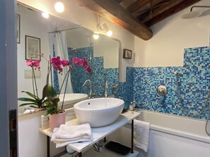 Combined shower/bathtub, hair dryer, bidet, towels