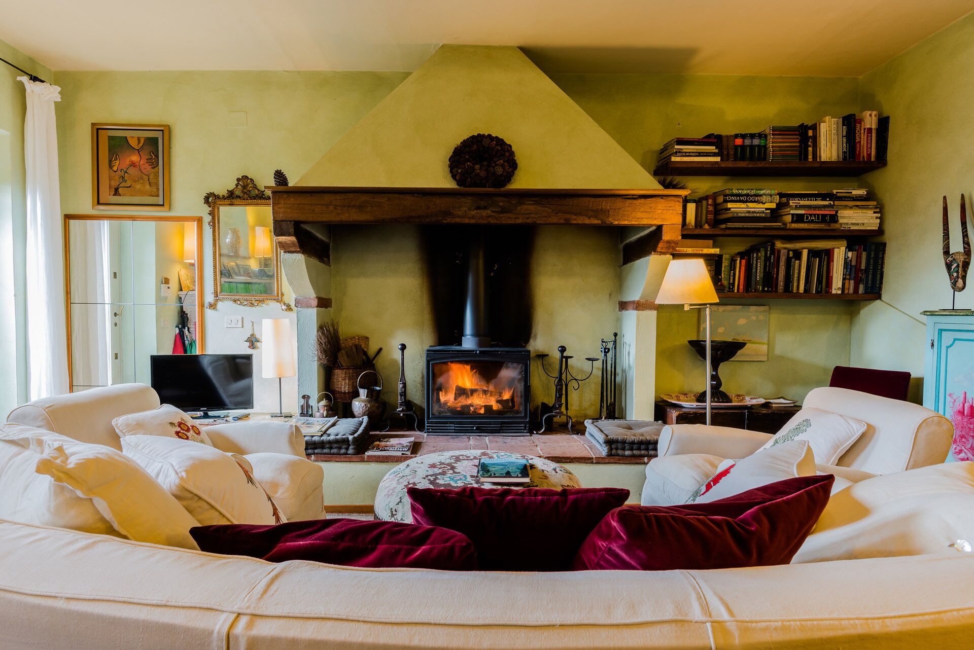 Smart TV, fireplace, books, music library