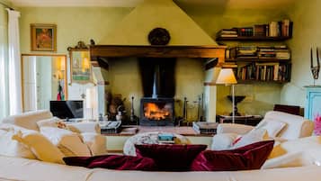 Smart TV, fireplace, books, music library