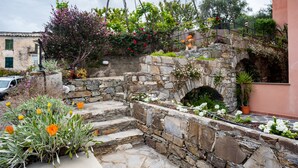 Una escalera de piedra conduce a un arco de piedra, rodeado de plantas en flor y una valla rústica.