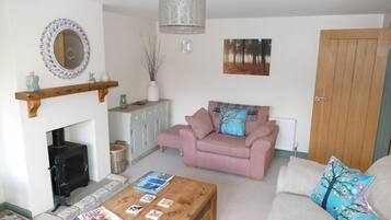 Smart TV, fireplace, DVD player, books