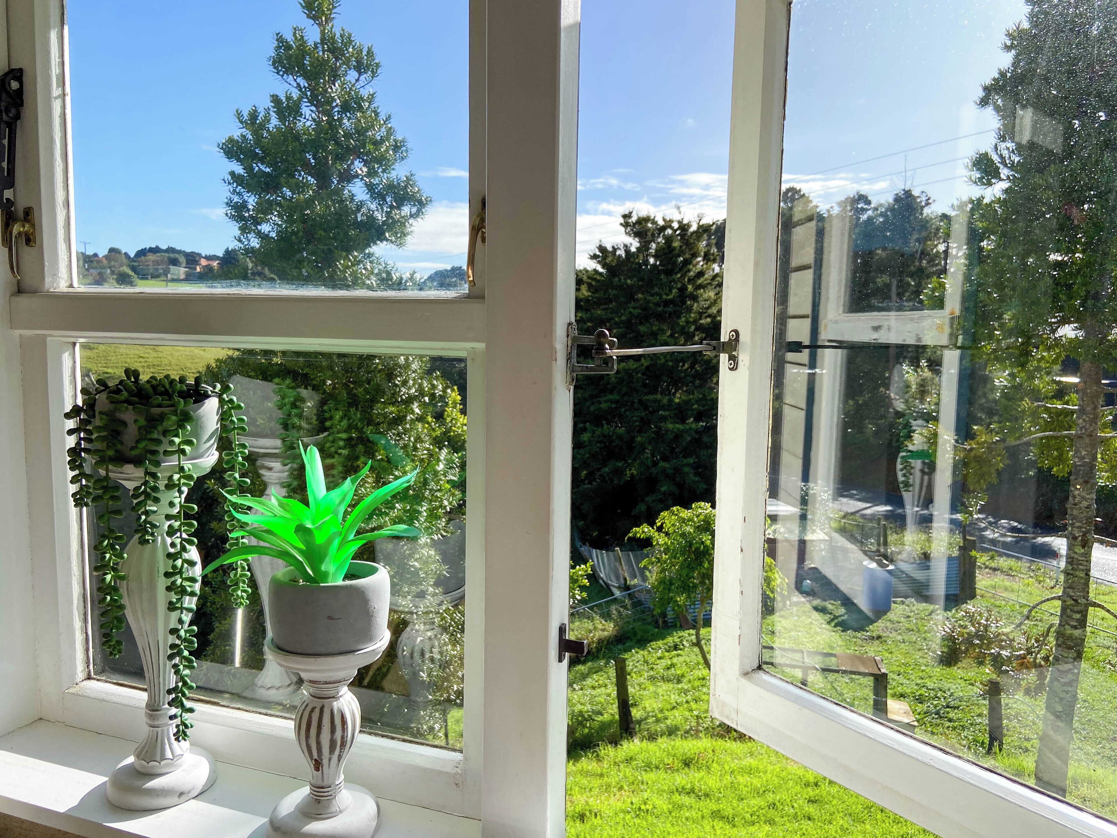Une fenêtre avec deux plantes en pot sur un rebord blanc.
