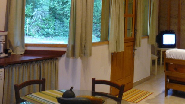 A room with a dining table, chairs, a television, and large windows with curtains. - LA LANDAISE DU CHARPENTIER <br>17 Chemin Traouquevert <br>40430 CALLEN  (Callen)