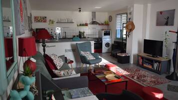 TV, DVD player, books, video library