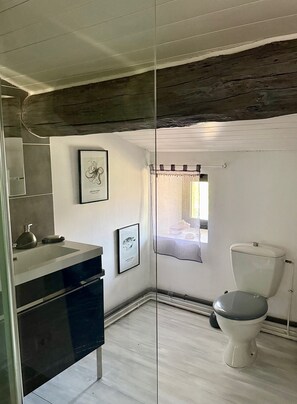 Une salle de bain moderne avec une douche à parois de verre, des toilettes blanches et un lavabo doté d’un plan de travail foncé.