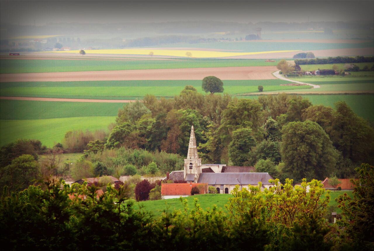 Un paysage rural avec une église entourée de champs et d’arbres.