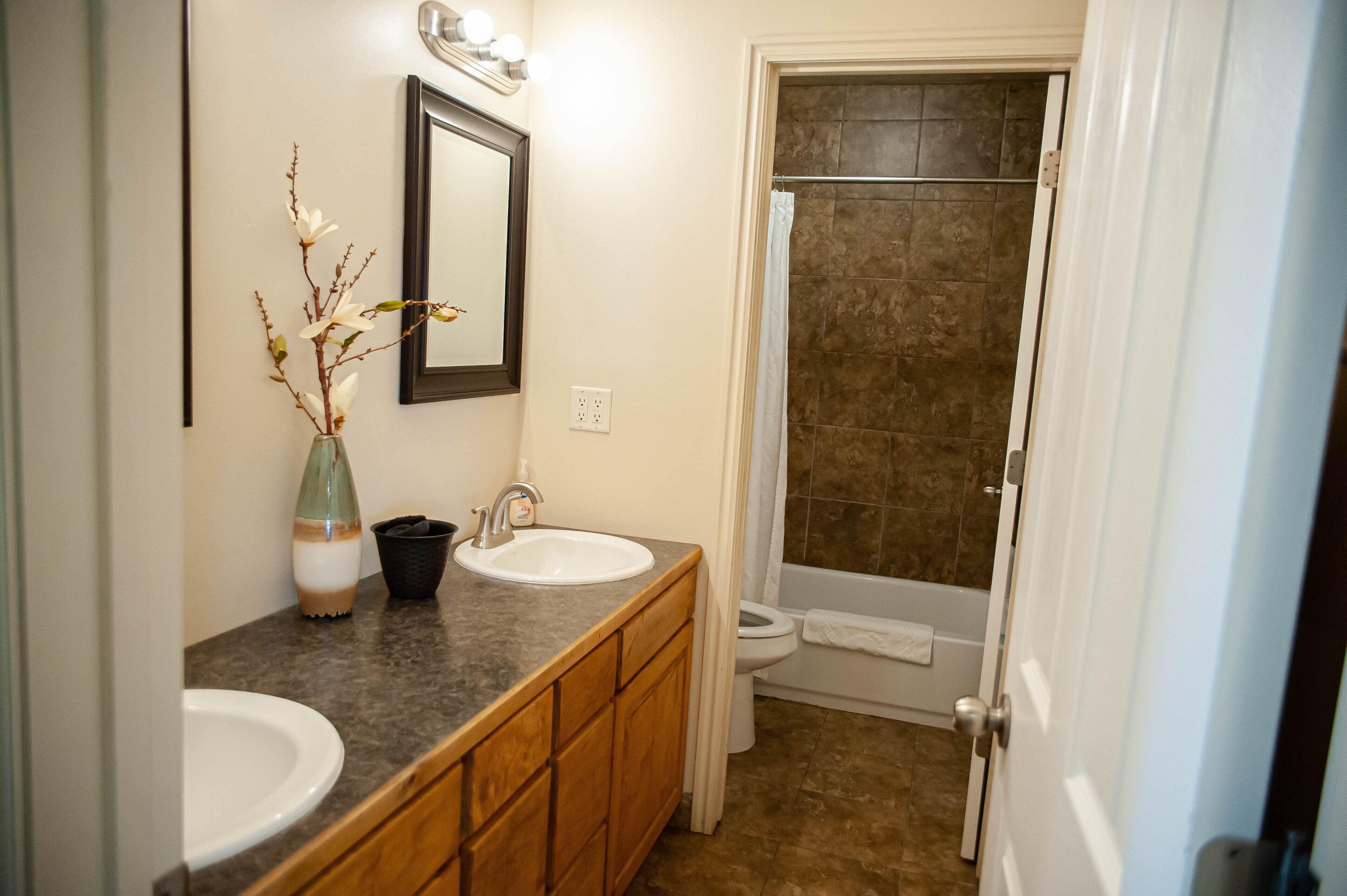 Combined shower/bathtub, hair dryer, towels