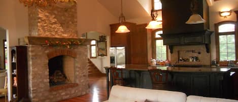 Smart TV, chimenea, reproductor de DVD y libros