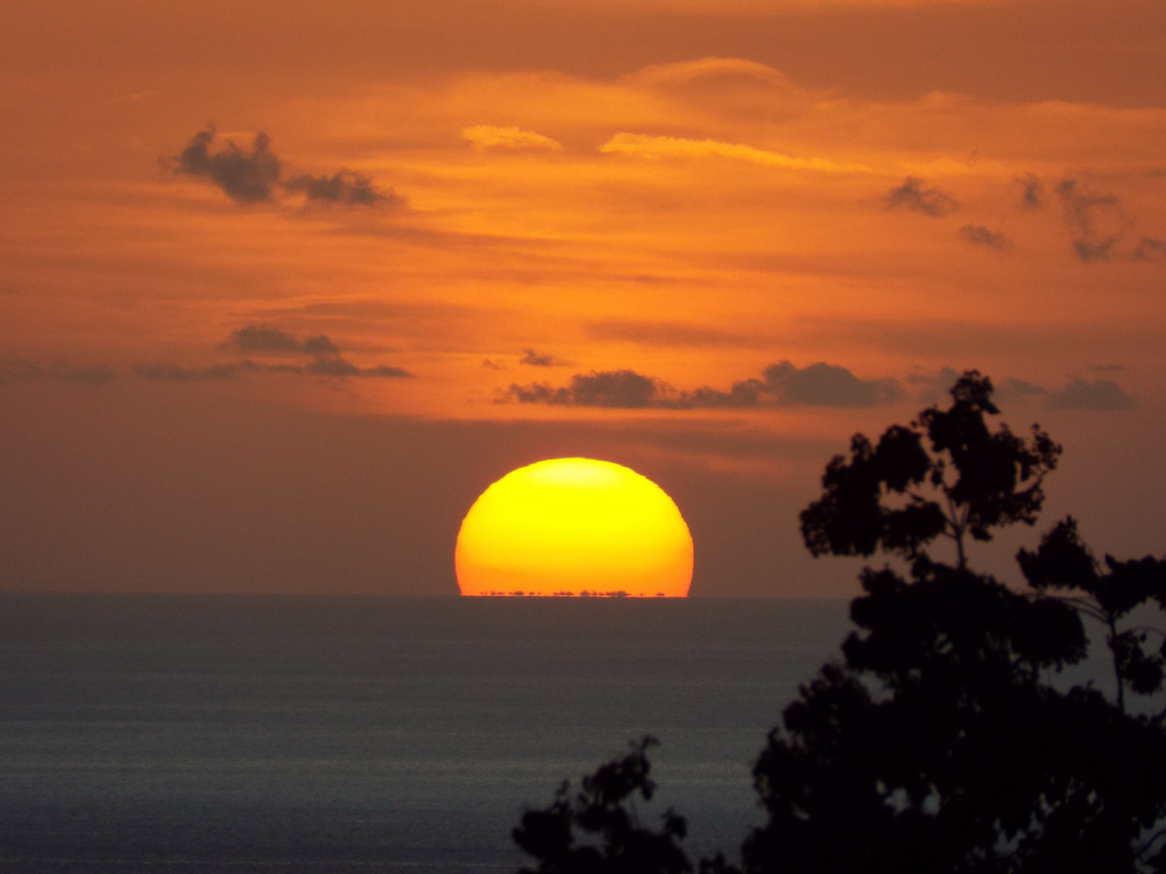 A sunset over a body of water with silhouettes of trees in the foreground.