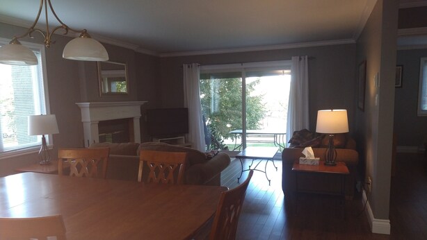 A dining area with a wooden table and chairs, a fireplace, a television, and a view of the outdoors through large windows.