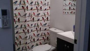 Een bad/douchecombinatie, een haardroger, handdoeken, zeep