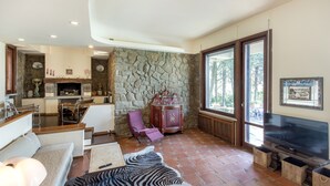 A spacious living room with a stone fireplace, a television, and a zebra rug. - Modern Panoramic Villa with swimming pool in Florence - Tuscany (Firenze)