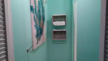 Combined shower/bathtub, hair dryer, towels