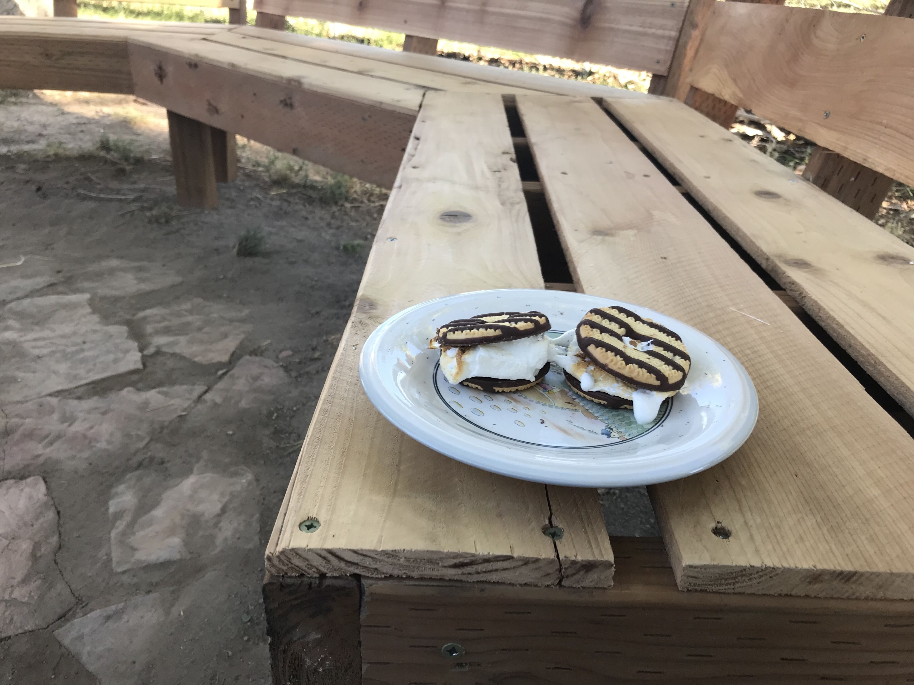 Ein Holztisch für ein Picknick mit einer Platte Eis-Sandwiches.
