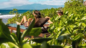 A beachside lounge with a view of the ocean and mountains. - Green Lodge Moorea (Moorea-Maiao)
