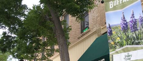 A building with a green awning labeled "Camping" and a sign for "Buffalo, Wyoming."