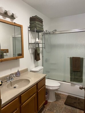 Een douche, een haardroger, handdoeken, zeep