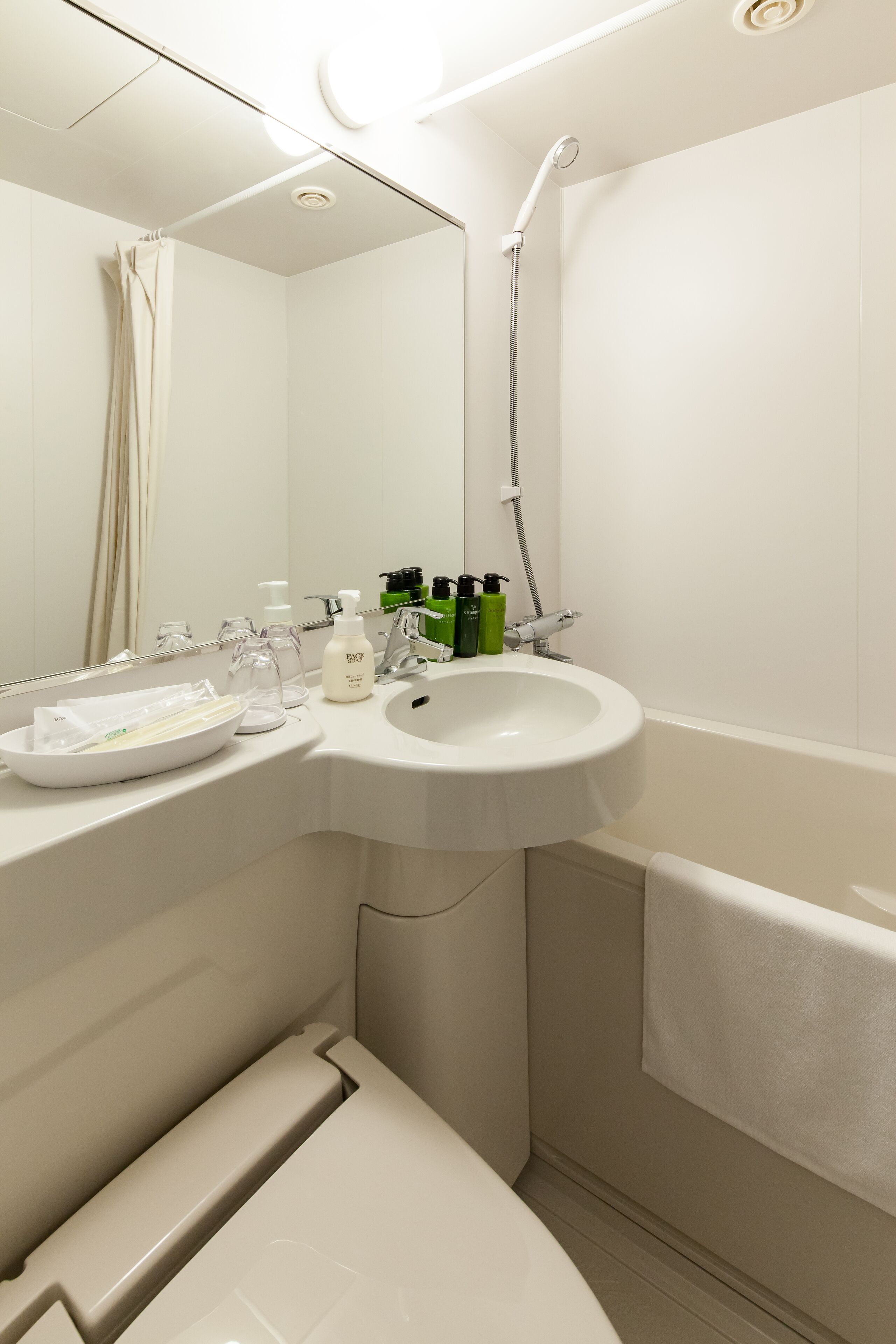 combined shower/bathtub, free toiletries, hair dryer, slippers