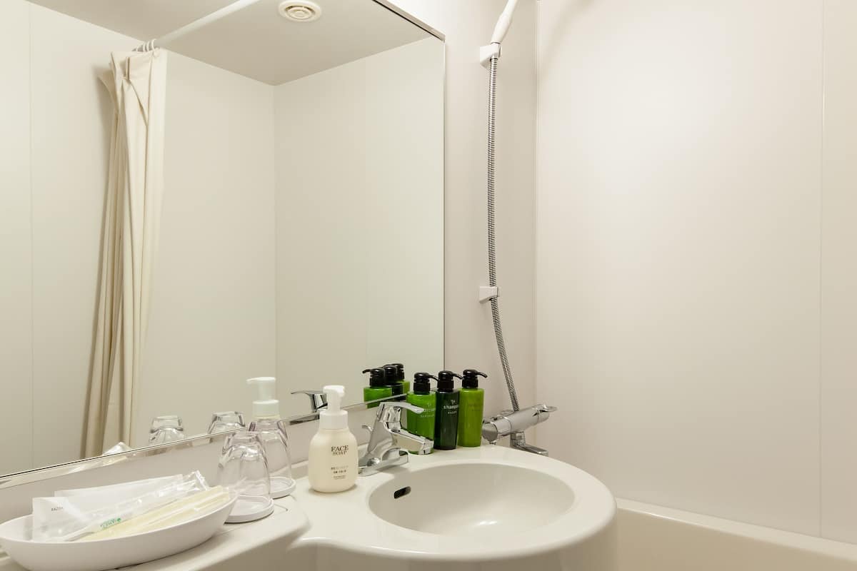 combined shower/bathtub, free toiletries, hair dryer, slippers