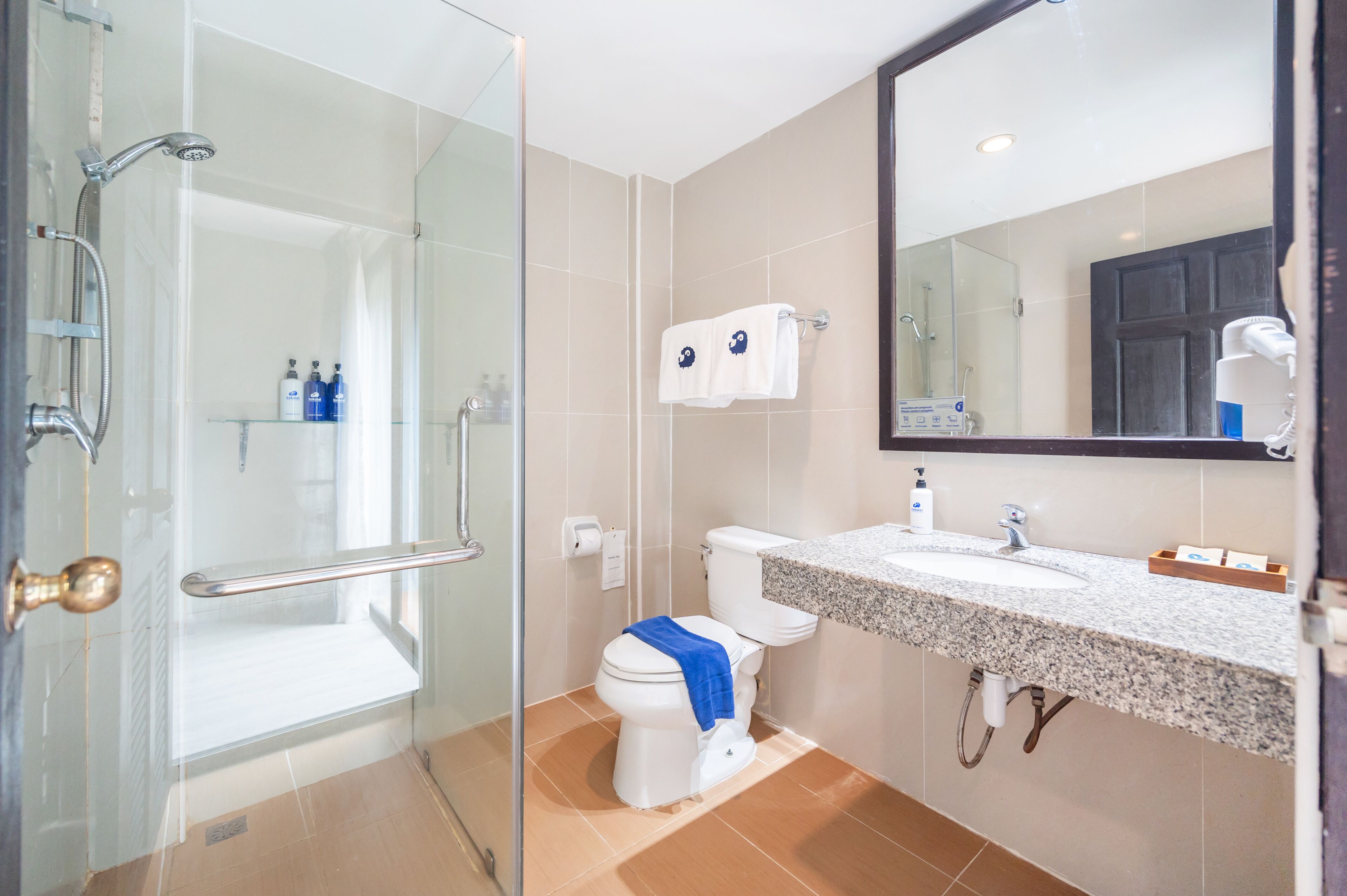 shower, free toiletries, hair dryer, bathrobes