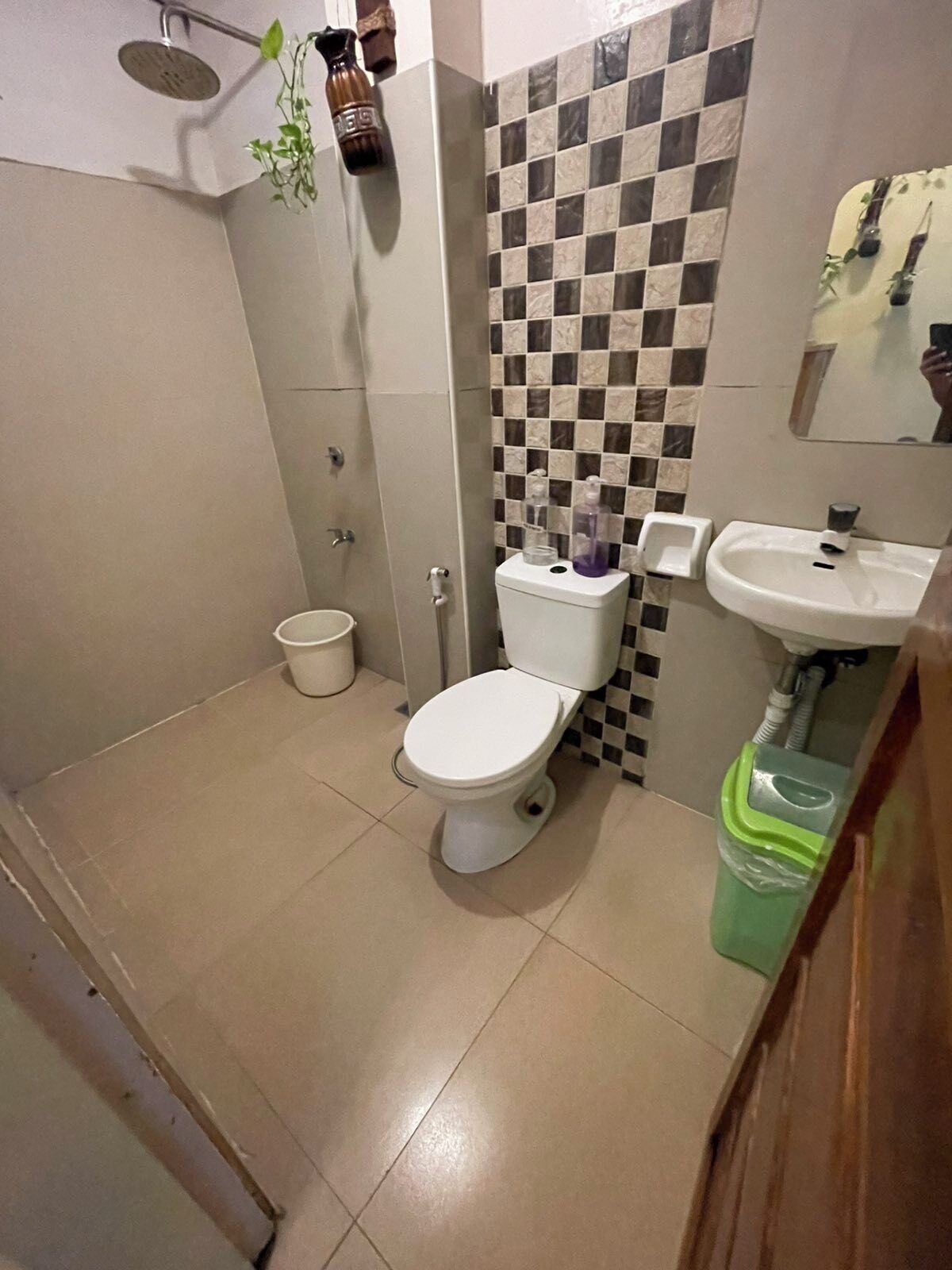Un baño con inodoro, lavamanos y ducha.