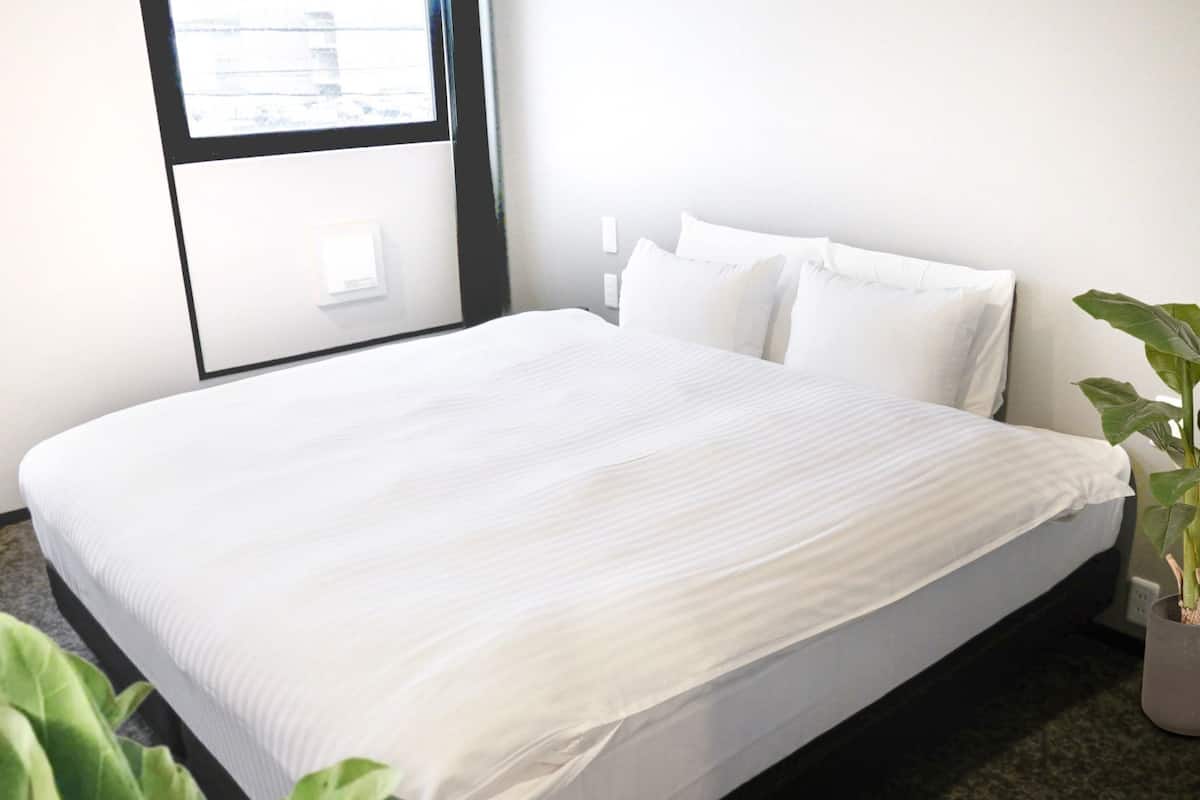 A hotel room with a large bed, a potted plant, and a window.