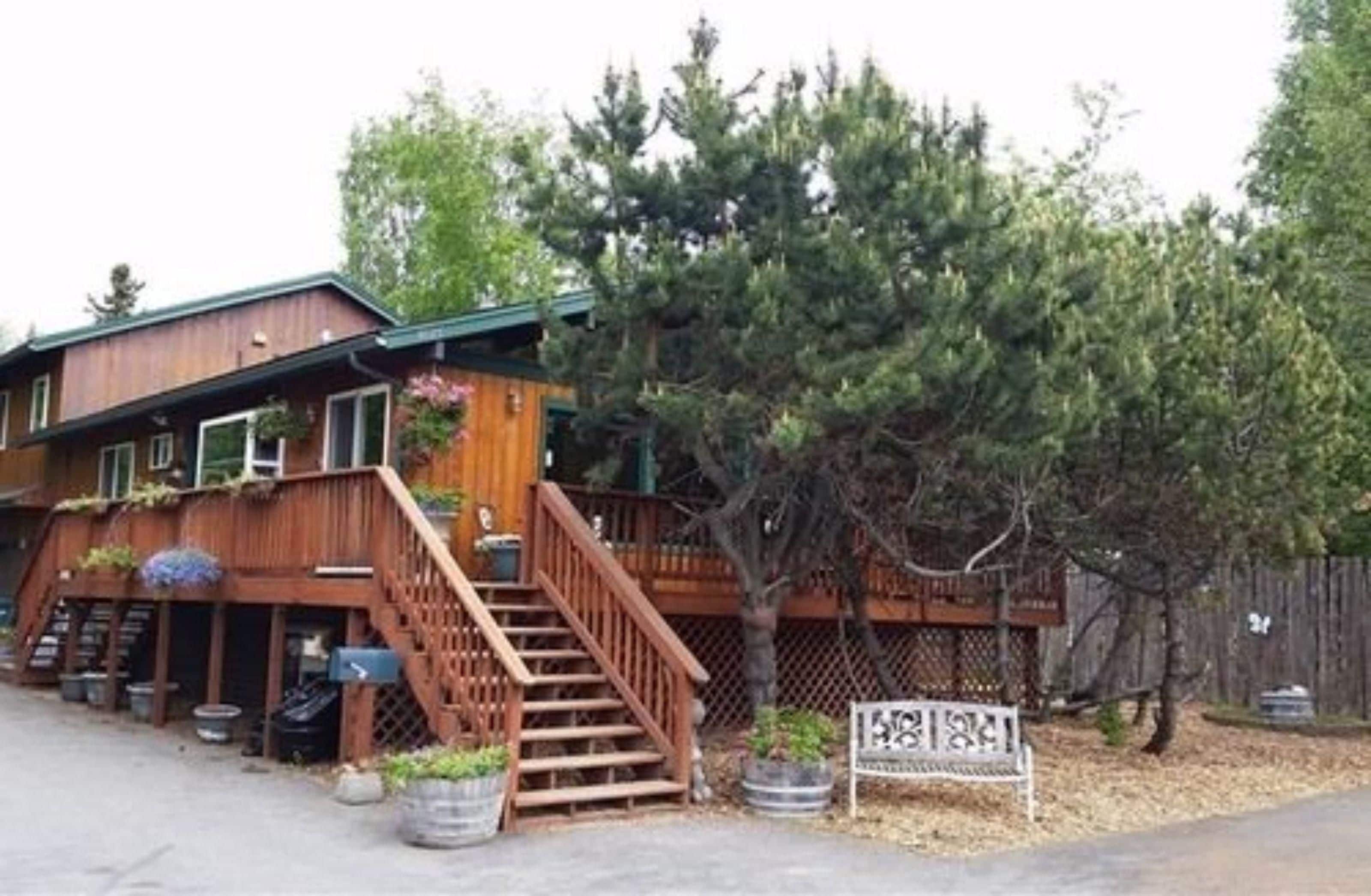 A wooden building with a staircase leading to a porch, surrounded by trees.