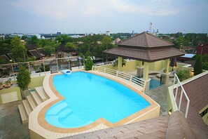 Outdoor pool, pool umbrellas, pool loungers