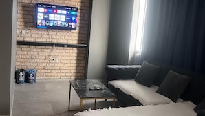Een moderne woonkamer met een bakstenen muur, een wandtelevisie, een bank, een salontafel en een bed.