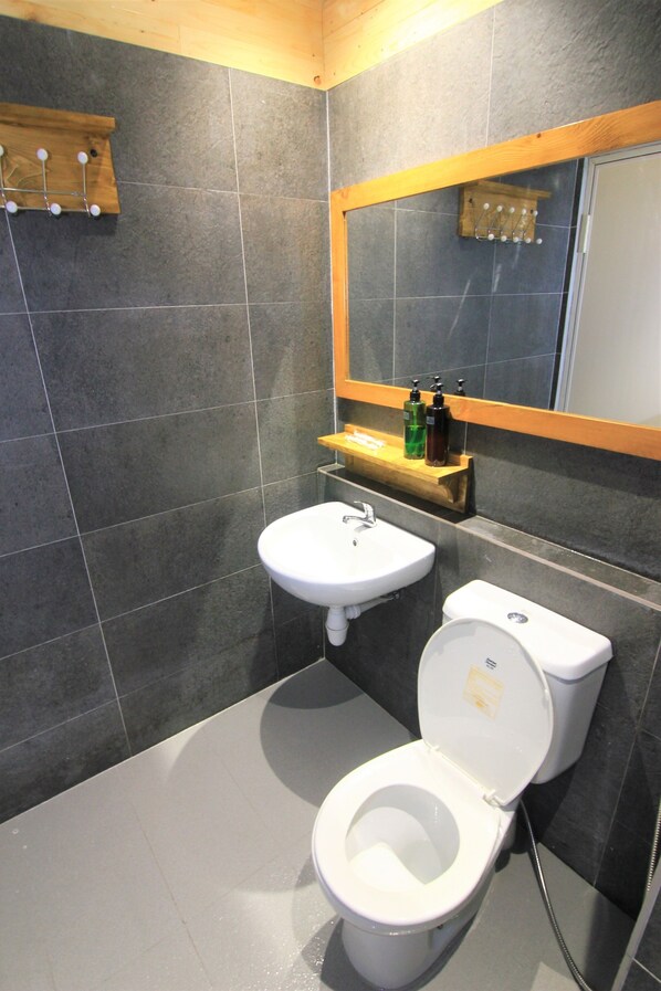 A bathroom with a white toilet, a sink, and a mirror. There is a shelf with toiletries above the sink.