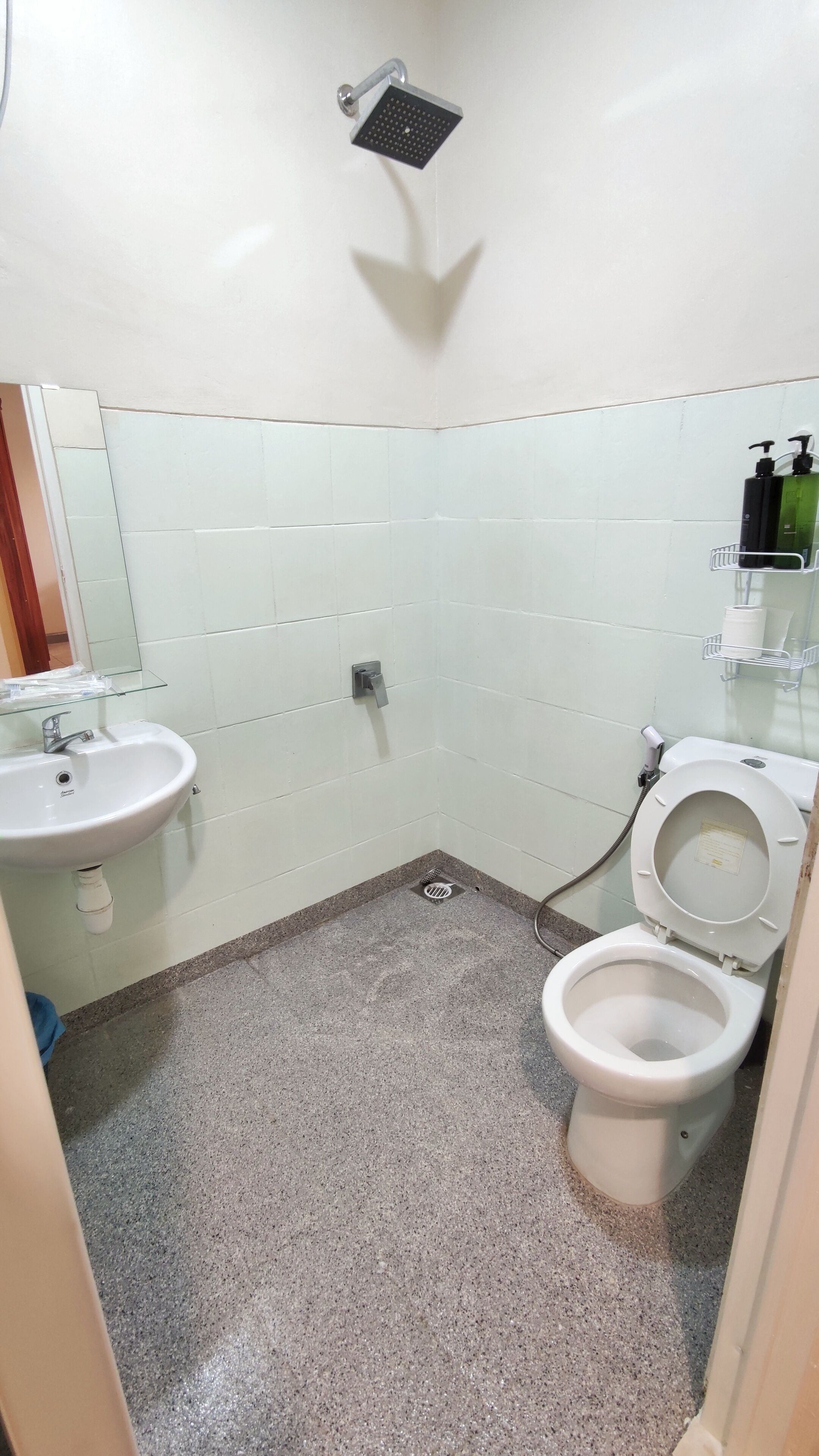 A small bathroom with a sink, toilet, and shower.