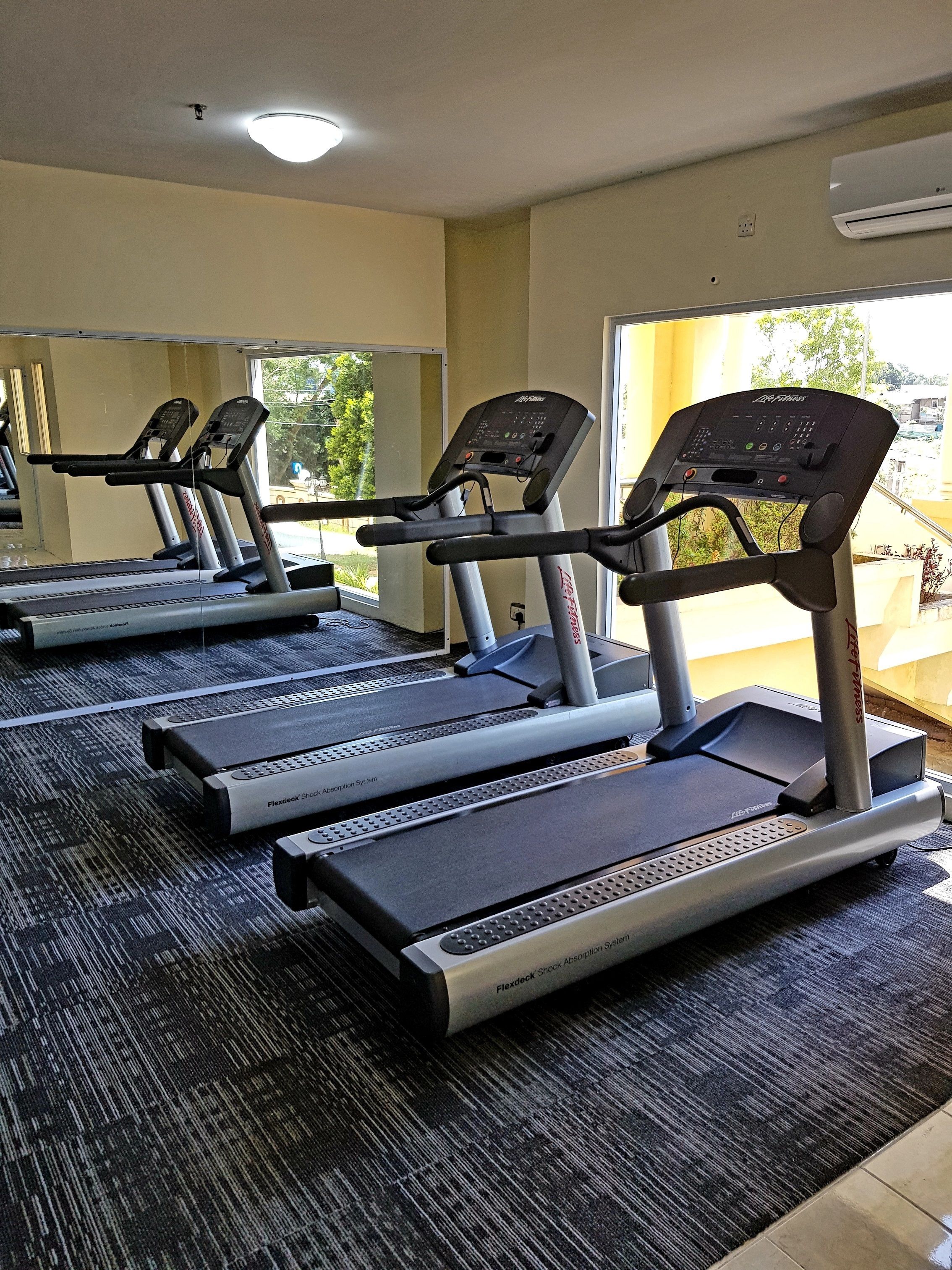 A gym with treadmills, a FlexDeck shock absorption system, and a view of the outdoors through large windows.