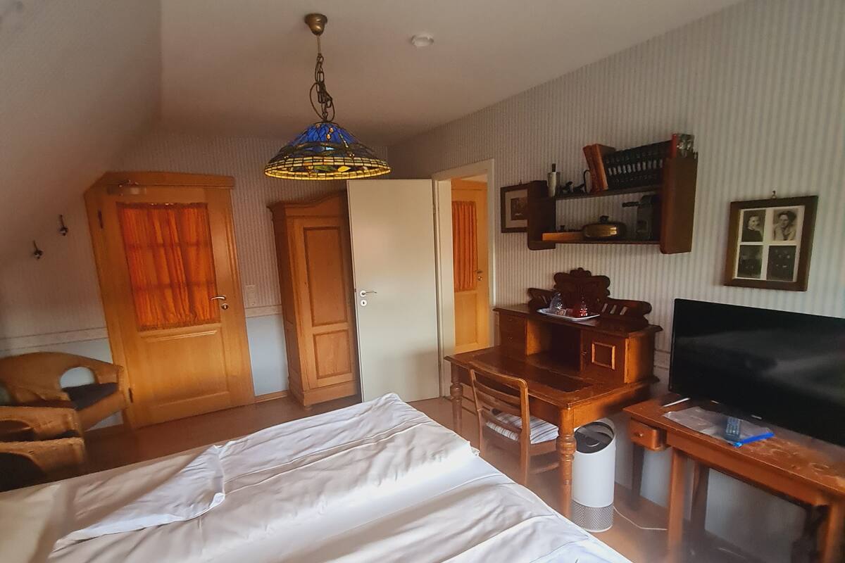 A hotel room with a bed, a desk with a television, a chair, a wardrobe, and a hanging light fixture.