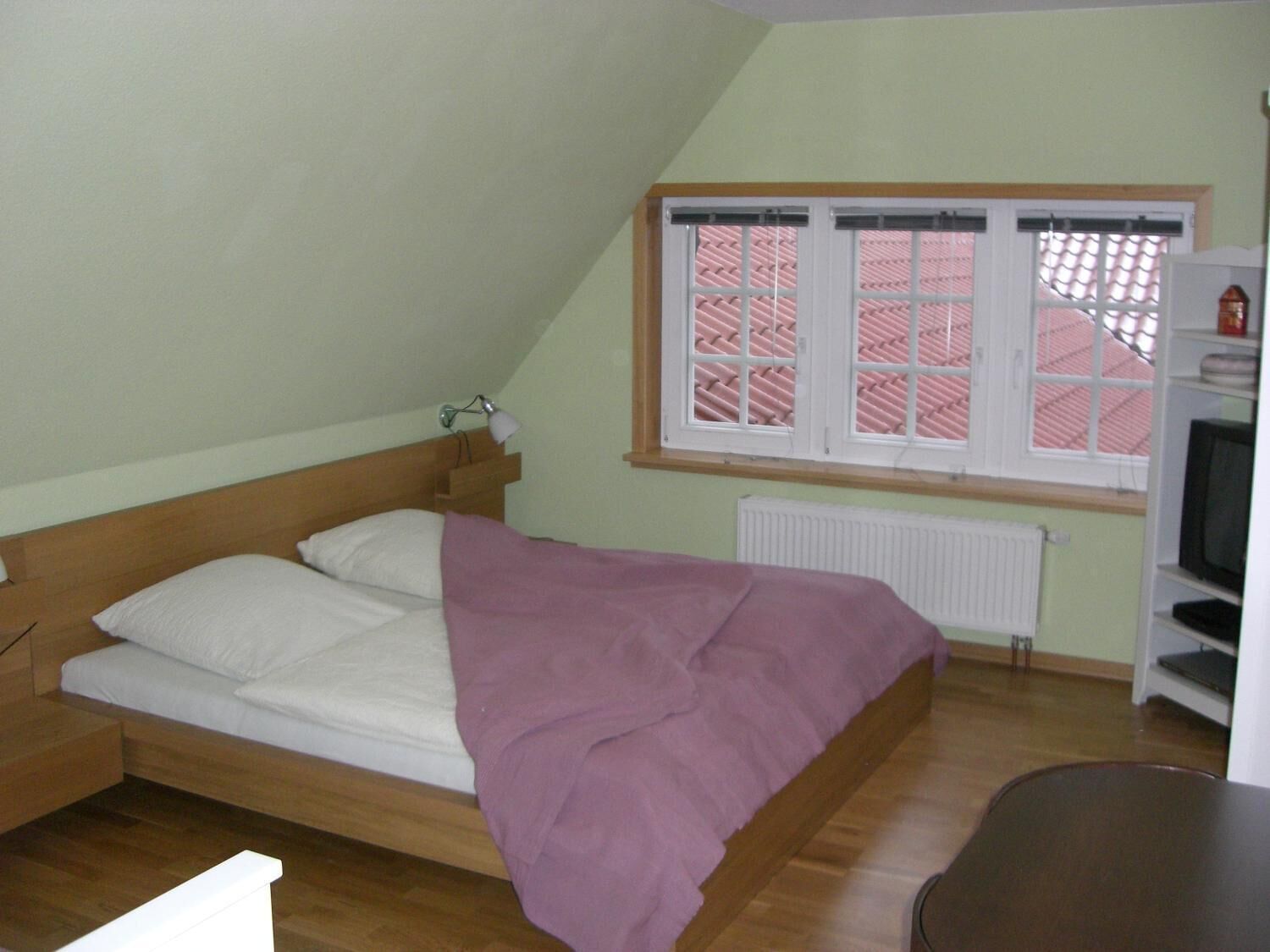 A small, single-bed room with a sloped ceiling, a window with a view of a red-tiled roof, a radiator, and a television on a white shelf.