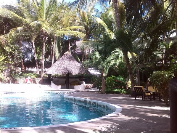 Outdoor pool, pool umbrellas, pool loungers