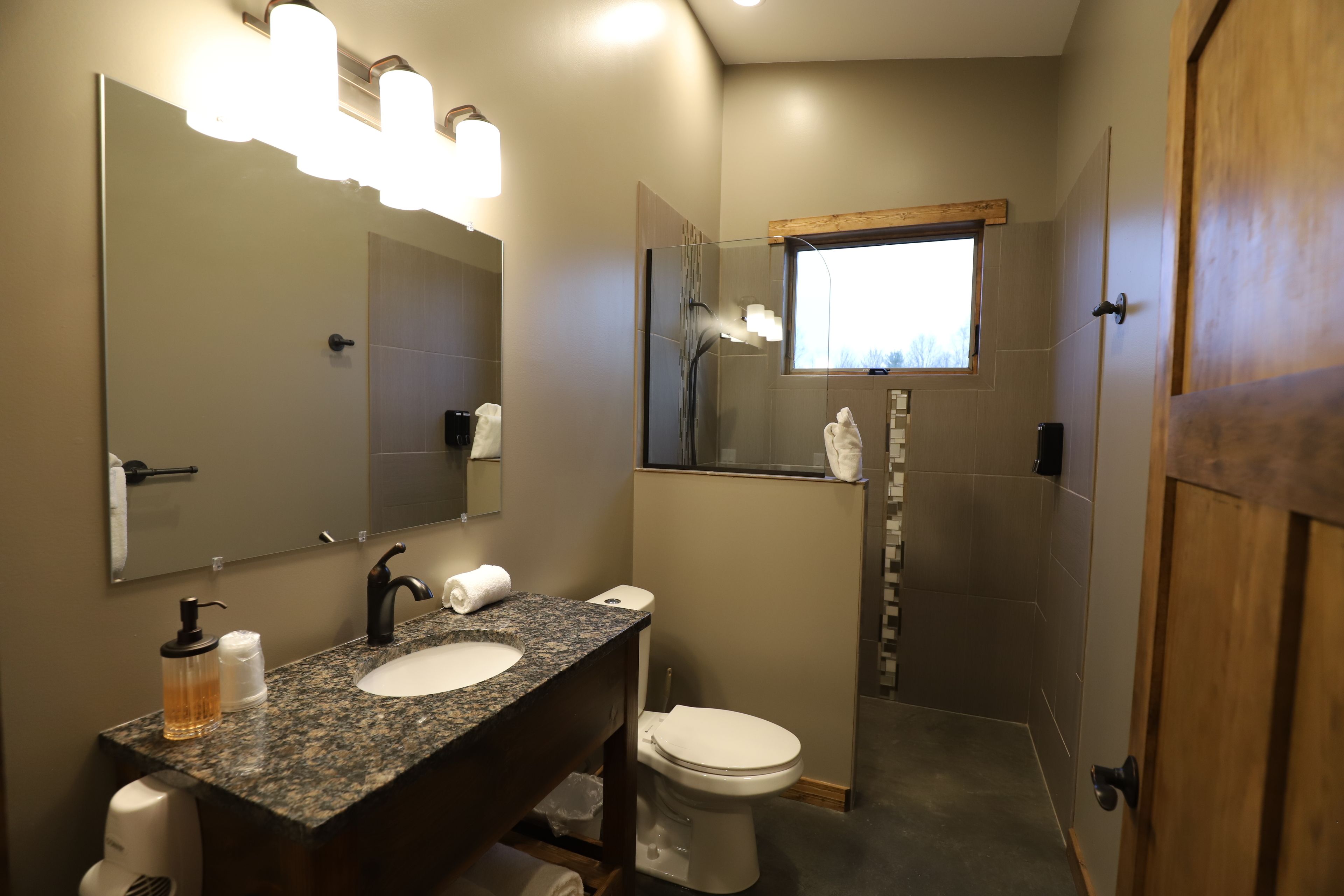 A bathroom with a granite sink, a mirror, a toilet, and a shower.