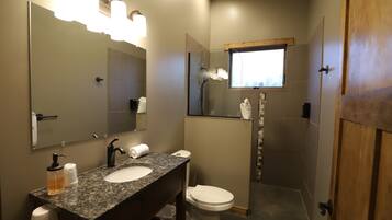 A bathroom with a granite sink, a mirror, a toilet, and a shower.