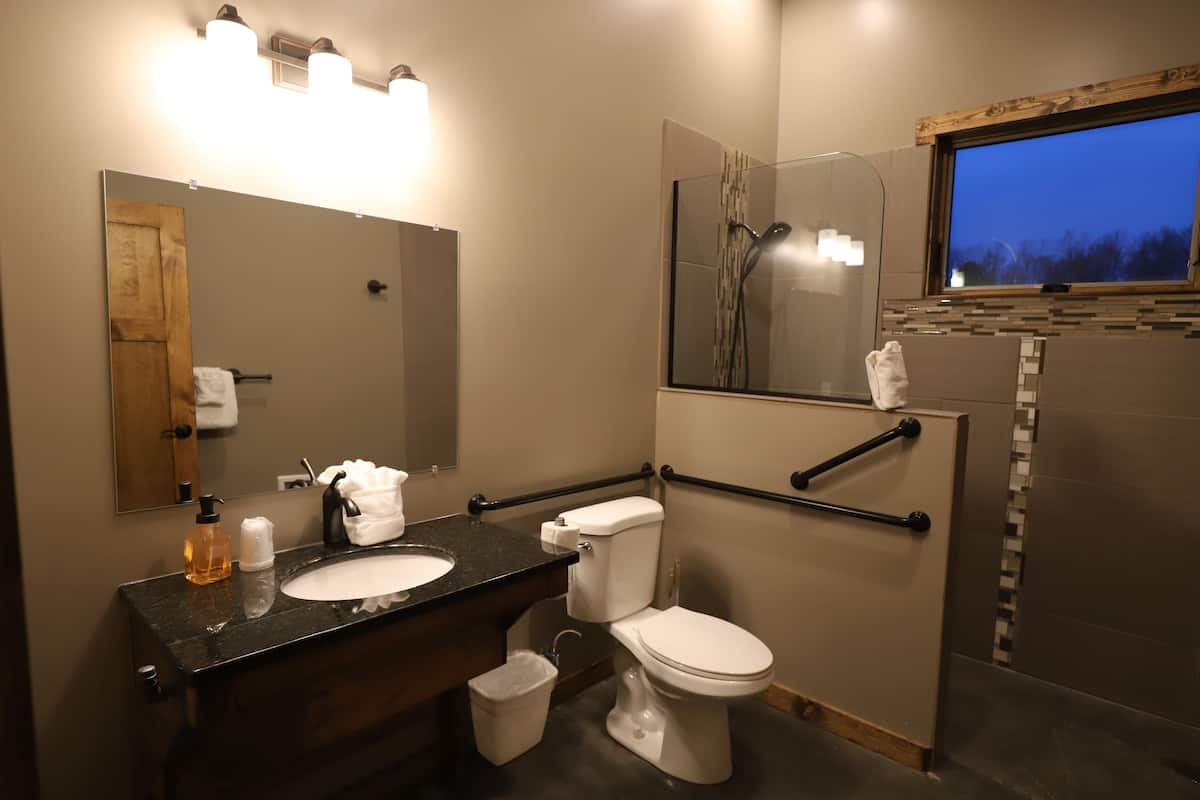 deluxe chalet, 1 king bed, accessible, lake view | bathroom | shower, hair dryer, towels
