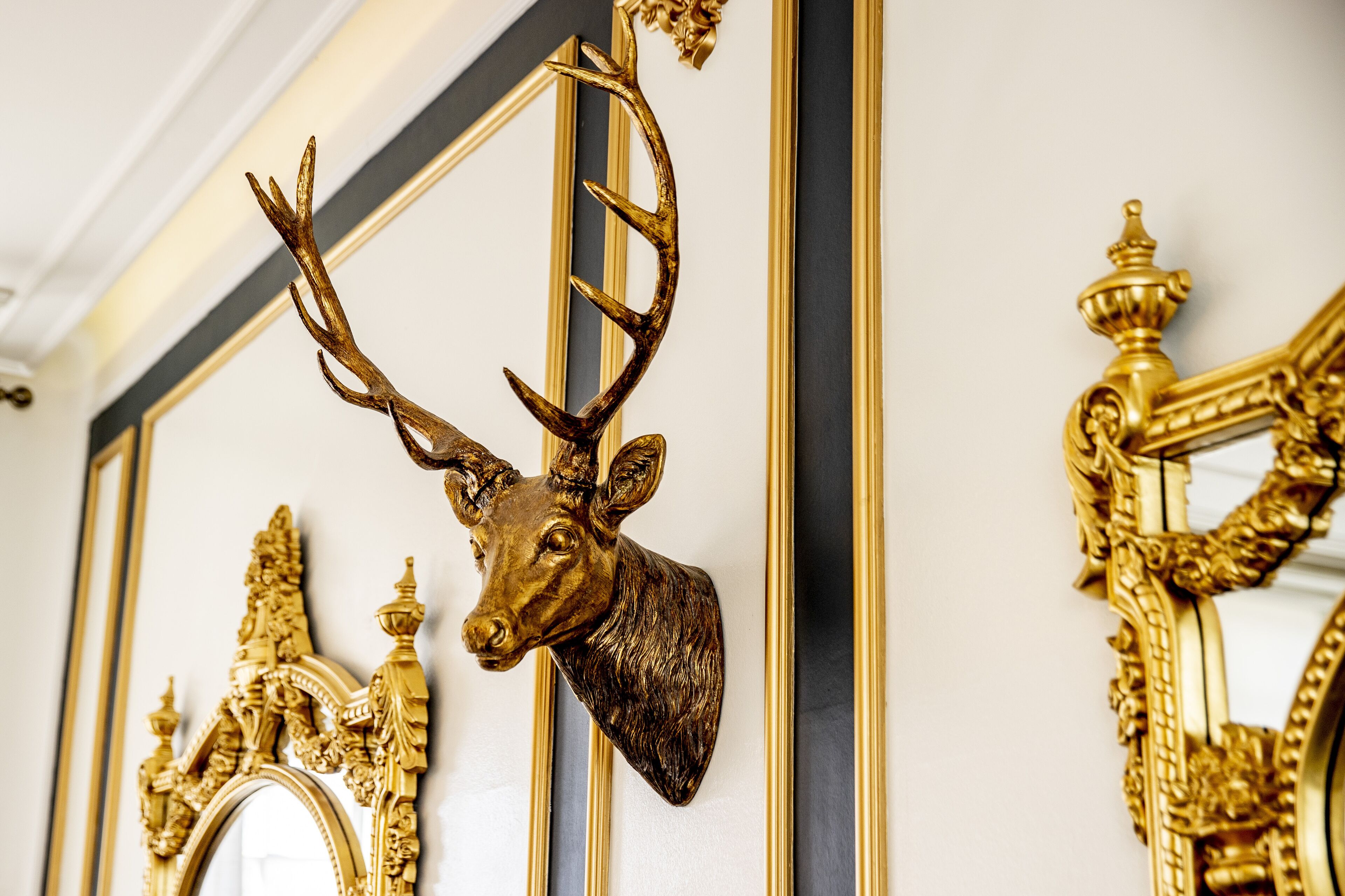 Ein an der Wand befestigter Hirschkopf mit Geweihen, verschnörkelte Spiegel mit goldfarbenen Rahmen und ein dekorativer Bogen.