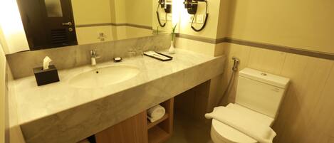 A bathroom with a marble sink, two hair dryers, a toilet, and a mirror.