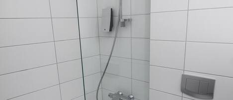 A modern bathroom with a glass-enclosed shower, a white toilet, and a visible toilet paper roll.