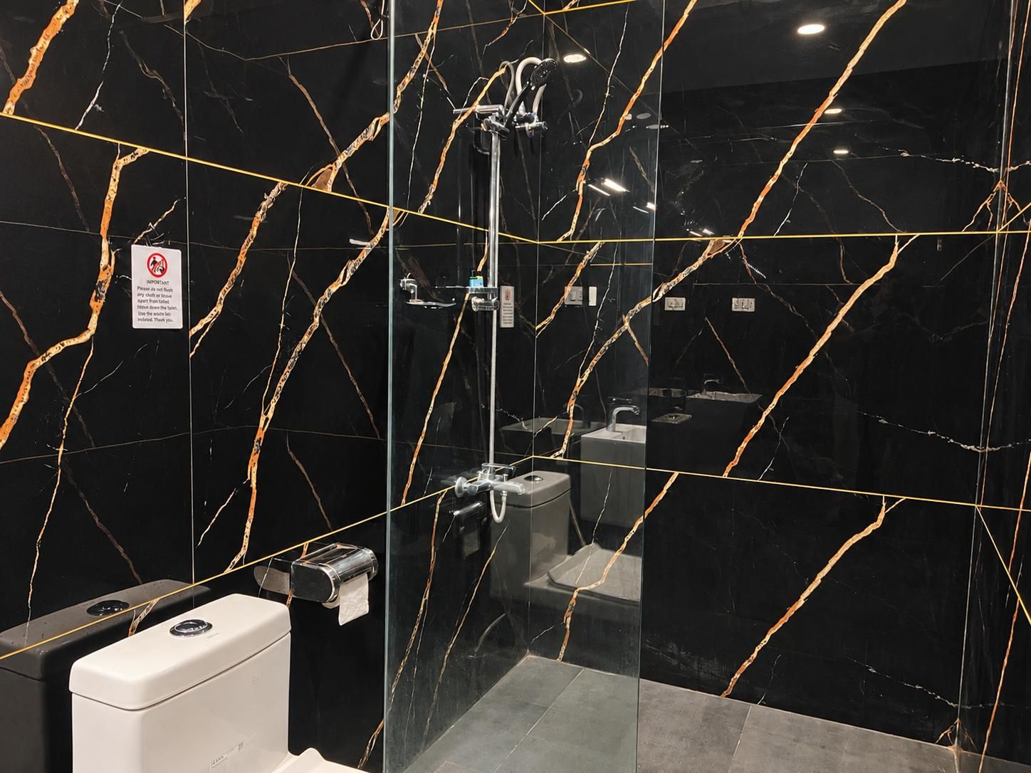 A modern bathroom with black marble walls, a glass shower enclosure, and a toilet.