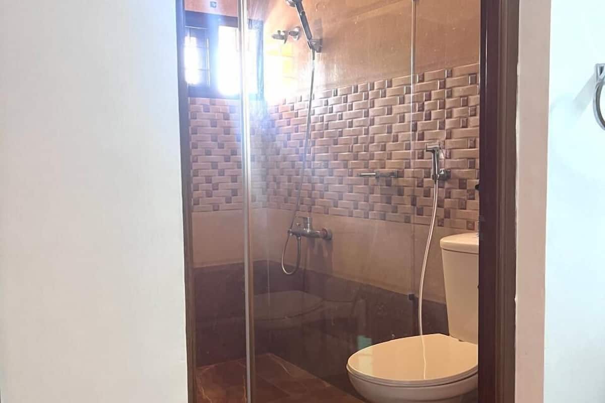 standard double room, 1 king bed, accessible, ground floor | bathroom | shower, free toiletries, hair dryer, towels