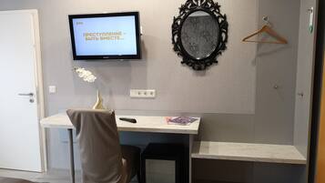 Une chambre moderne équipée d’un bureau, d’une télévision, d’un miroir décoratif et d’un vase avec des fleurs.