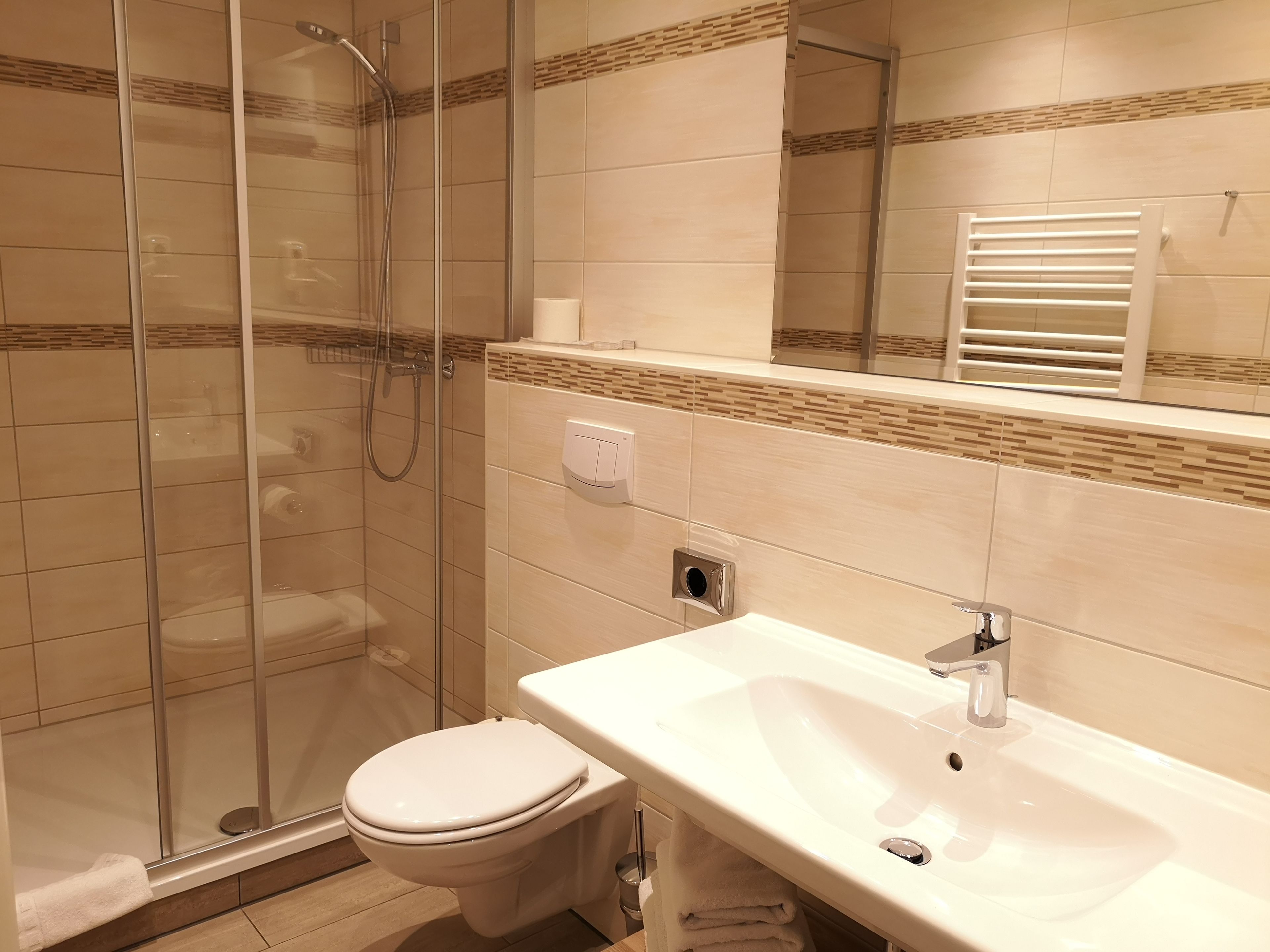 A modern bathroom with a glass-enclosed shower, a white toilet, and a sink with a mirror above it.