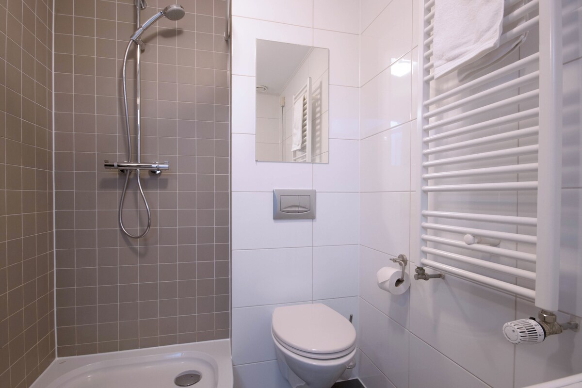 A modern bathroom with a bathtub, toilet, and a towel rack.