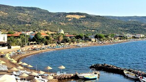 Uma vila costeira com praia, barcos e uma mesquita.