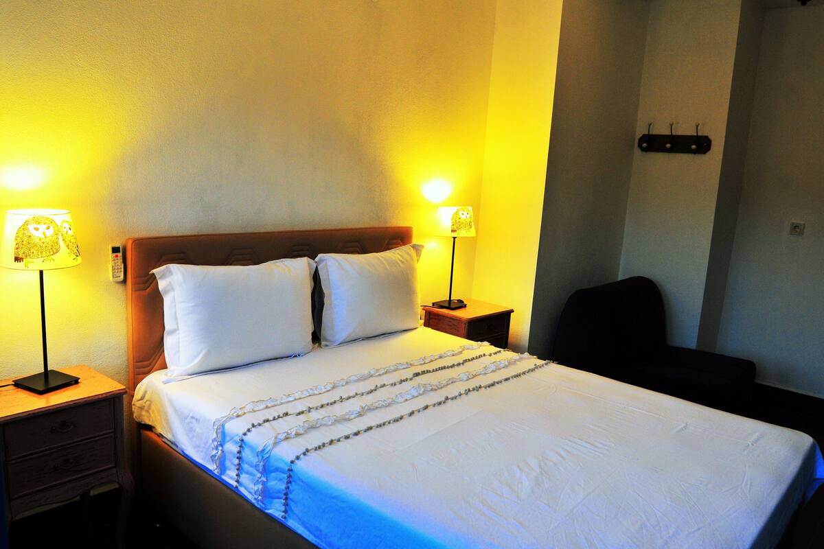 A neatly made bed with white linens and a decorative border, flanked by two bedside lamps with owl designs.